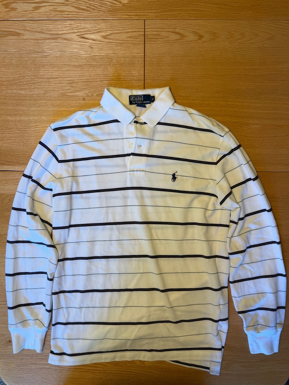 Polo Ralph Lauren Men's Long Sleeve Striped Pique Polo Cream Navy Size S